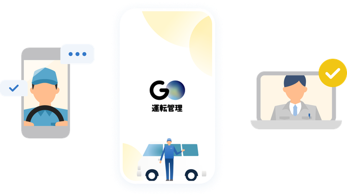 スマートフォンの画面にドライバー、中央に「GO 運転管理」ロゴと作業服の人物と車両、ノートPC画面にスーツ姿の人物とチェックマークが表示された運行管理システムのイメージイラスト